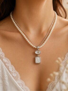 Pearl Layered Necklace with Silver Pendant